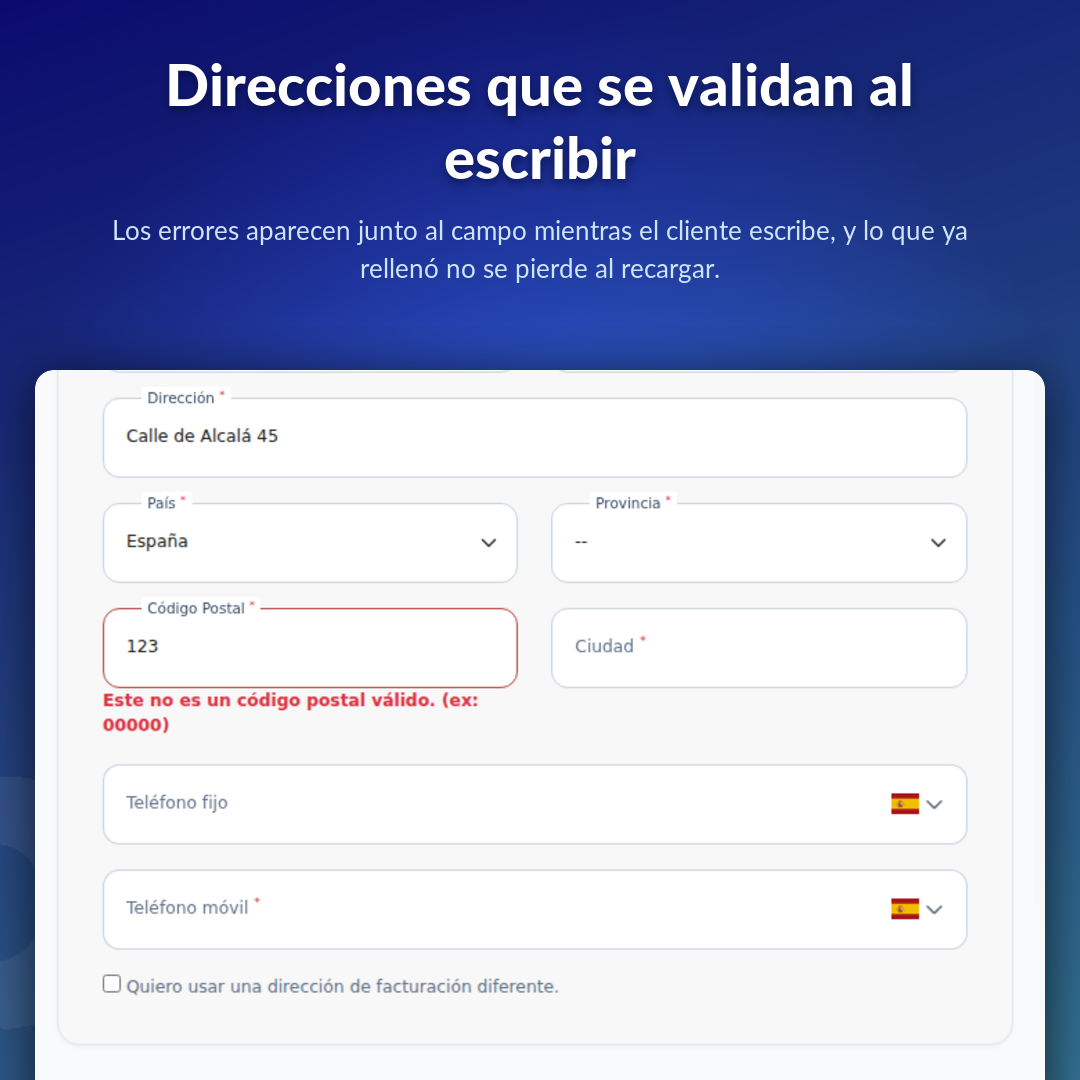Direcciones que se validan al escribir
