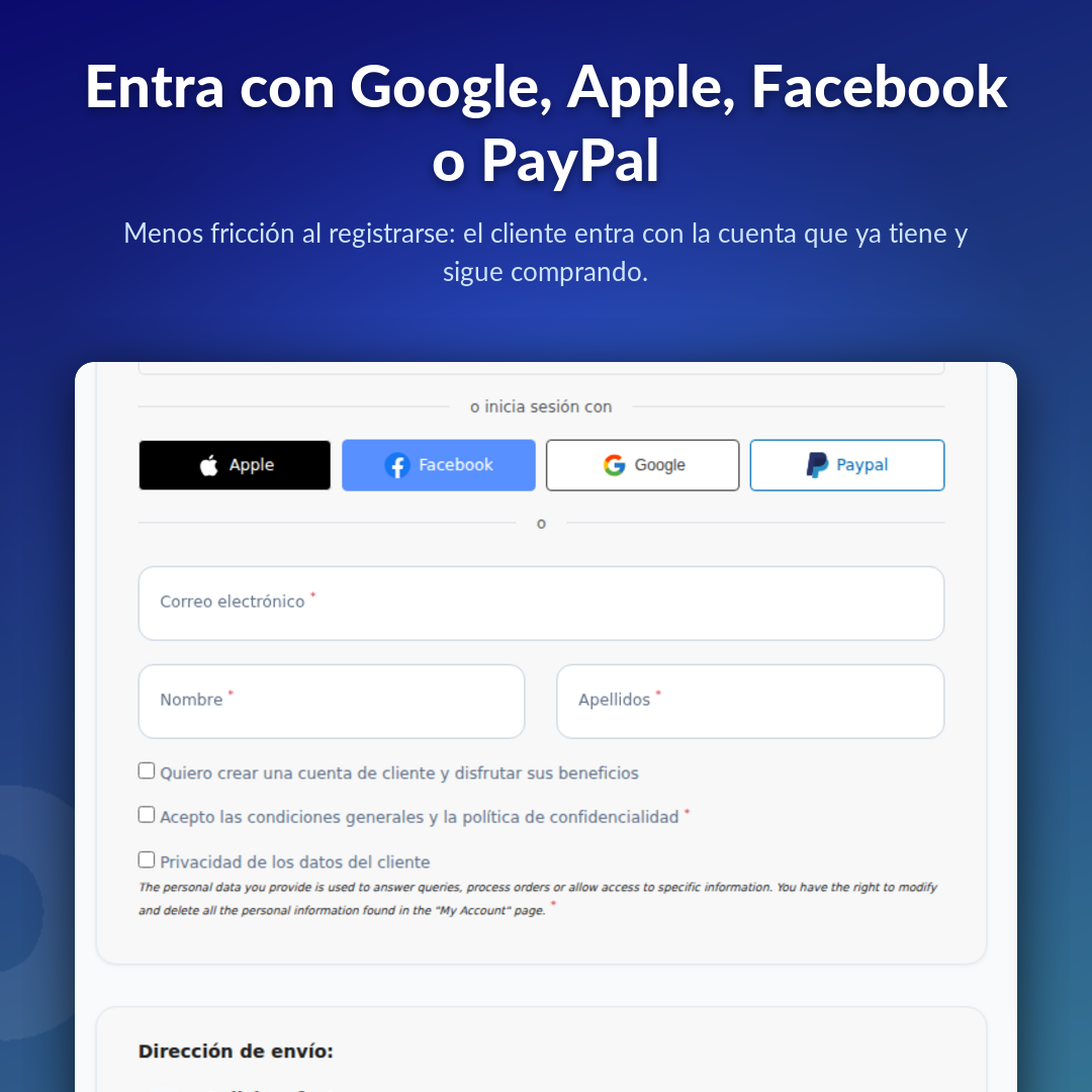 Entra con Google, Apple, Facebook o PayPal